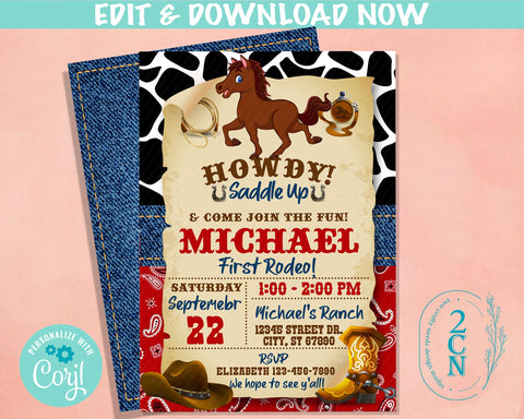 Rodeo Cowboy Wild West Birthday Invitation, Rodeo Horse, First Rodeo | Editable Instant Download | Edit Online NOW Corjl | INSTANT ACCESS