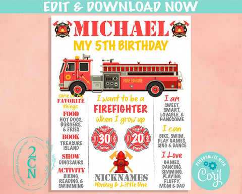Firefighter Birthday Sign, Fireman Birthday Board, Milestone Birthday | Editable Instant Download | Edit Online NOW Corjl | INSTANT ACCESS