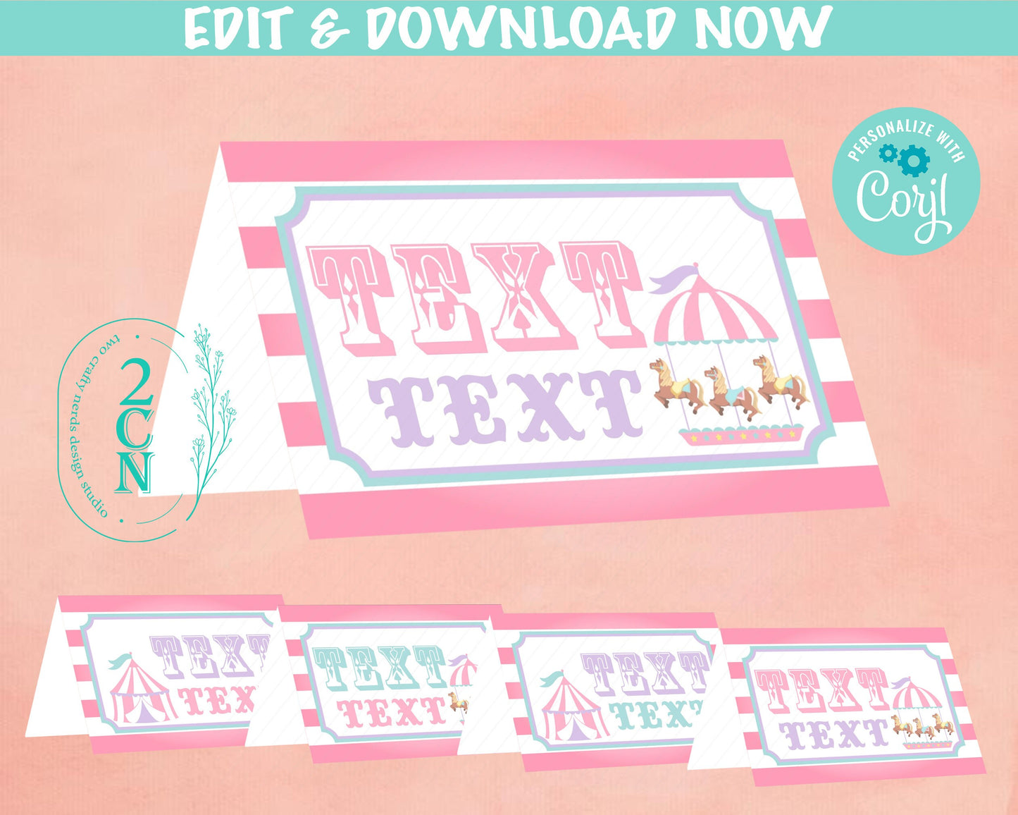 Circus Carnival Birthday Folded Card, Circus Table Pink Pastel Label | Editable Instant Download | Edit Online NOW Corjl | INSTANT ACCESS
