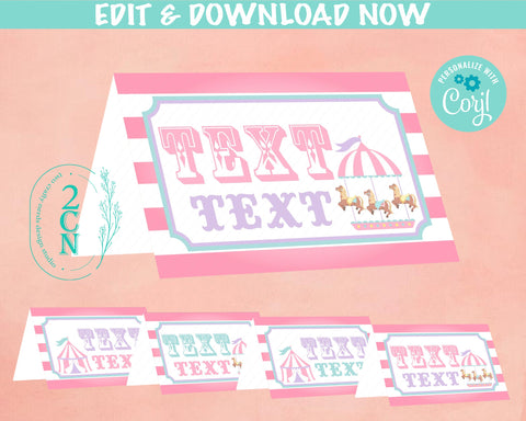 Circus Carnival Birthday Folded Card, Circus Table Pink Pastel Label | Editable Instant Download | Edit Online NOW Corjl | INSTANT ACCESS