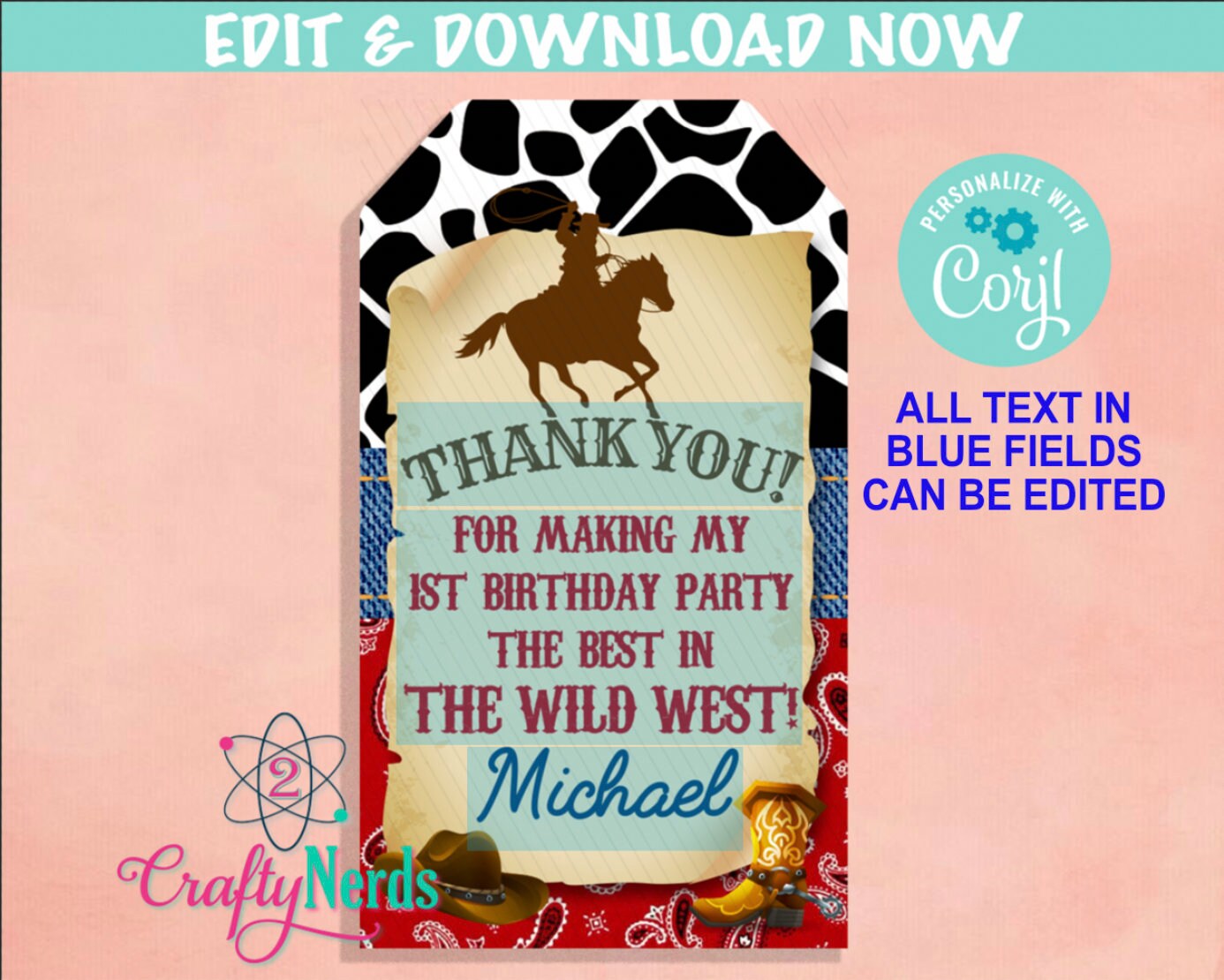 Cowboy Rodeo Birthday Thank You Tag, Cowboy Birthday Tag Rodeo Label | Editable Instant Download | Edit Online NOW Corjl | INSTANT ACCESS T1