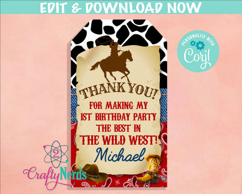 Cowboy Rodeo Birthday Thank You Tag, Cowboy Birthday Tag Rodeo Label | Editable Instant Download | Edit Online NOW Corjl | INSTANT ACCESS T1