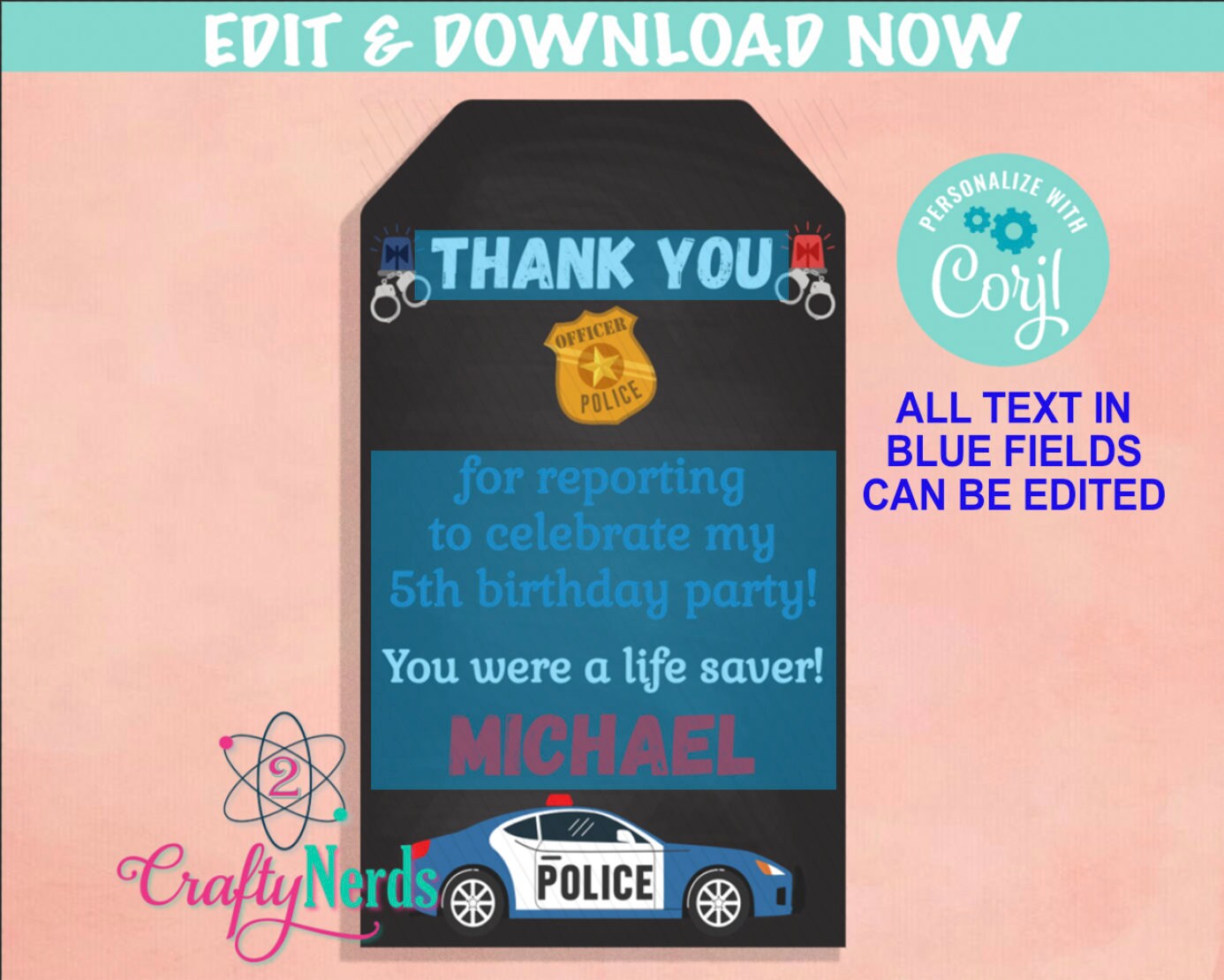 Police Birthday Thank You Tag, Police Birthday Tag, Police Favor Label | Editable Instant Download | Edit Online NOW Corjl | INSTANT ACCESS