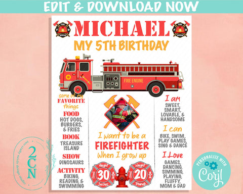 Firefighter Birthday Sign With Photo, Fireman Birthday Board Milestone | Editable Instant Download | Edit Online NOW Corjl | INSTANT ACCESS