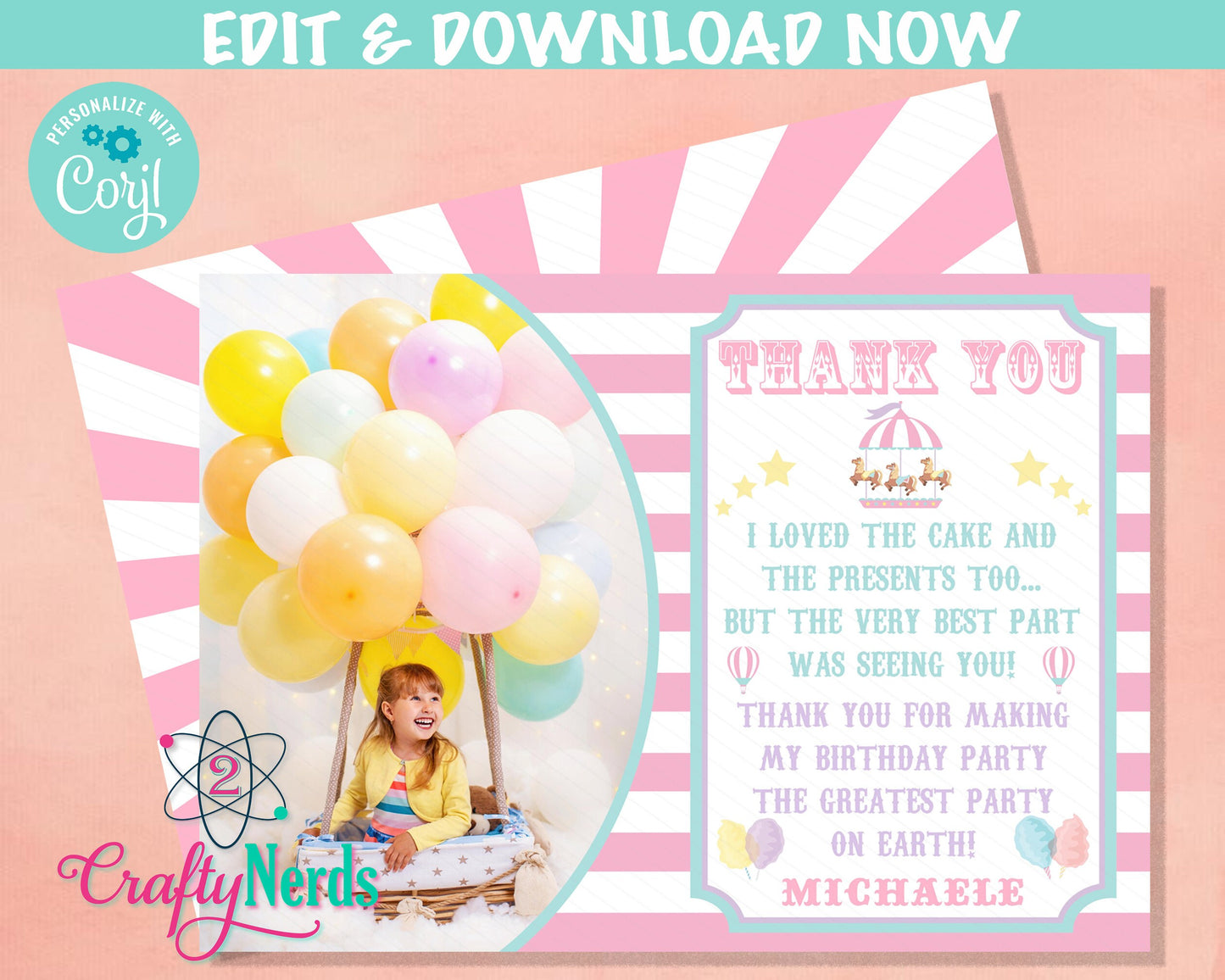 Circus Carnival Birthday Thank You Card With Photo, Circus Party | Editable Instant Download | Edit Online NOW Corjl | INSTANT ACCESS