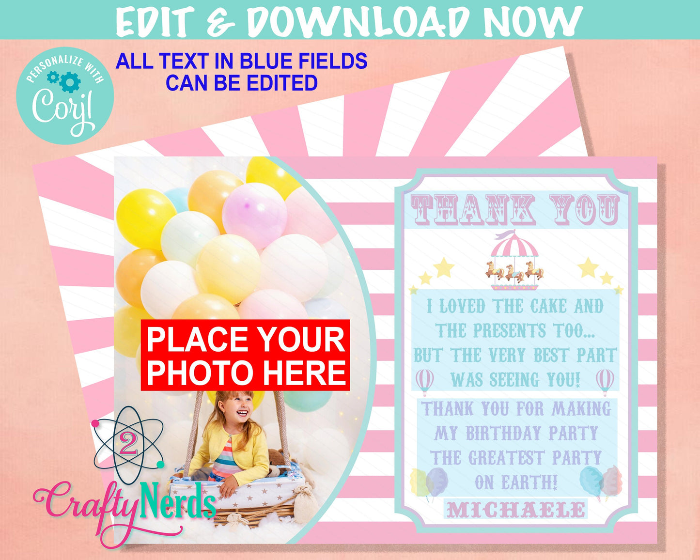 Circus Carnival Birthday Thank You Card With Photo, Circus Party | Editable Instant Download | Edit Online NOW Corjl | INSTANT ACCESS