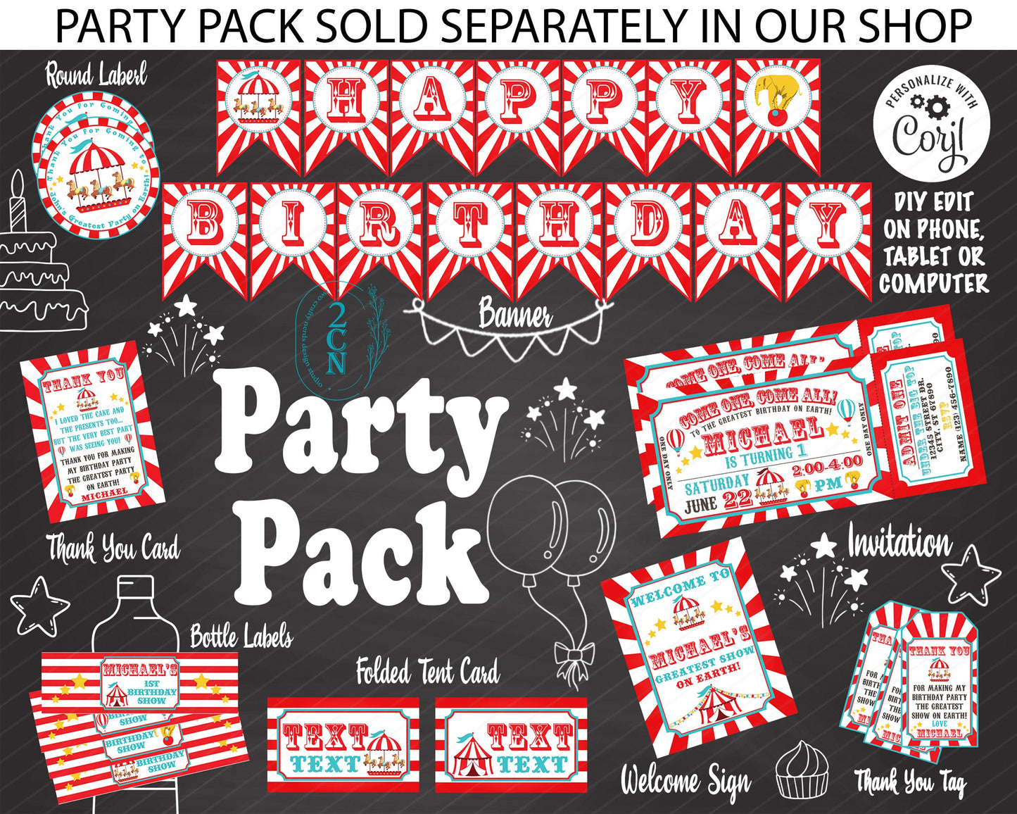 Circus Birthday Thank You Tag 6 Designs, Carnival Tag, Circus Label | Editable Instant Download | Edit Online NOW Corjl | INSTANT ACCESS T1