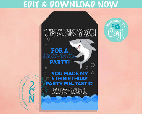 Shark Birthday Thank You Tag, Shark Birthday Tag, Shark Party Label | Editable Instant Download | Edit Online NOW Corjl | INSTANT ACCESS T1