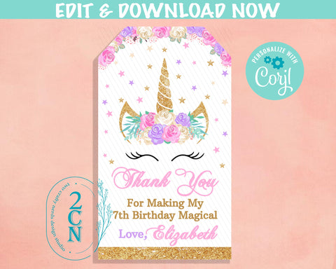 Unicorn Birthday Thank You Tag Pink, Lavender Purple, Unicorn Label | Editable Instant Download | Edit Online NOW Corjl | INSTANT ACCESS T1