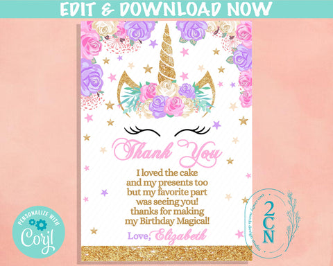 Unicorn Birthday Thank You Card Pink, Lavender Purple, Unicorn Card | Editable Instant Download | Edit Online NOW Corjl | INSTANT ACCESS T1