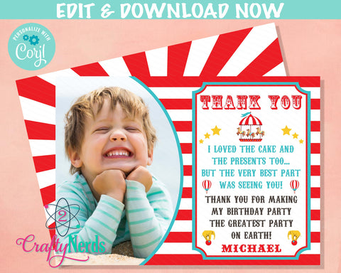 Circus Carnival Birthday Thank You Card With Photo, Circus Party | Editable Instant Download | Edit Online NOW Corjl | INSTANT ACCESS
