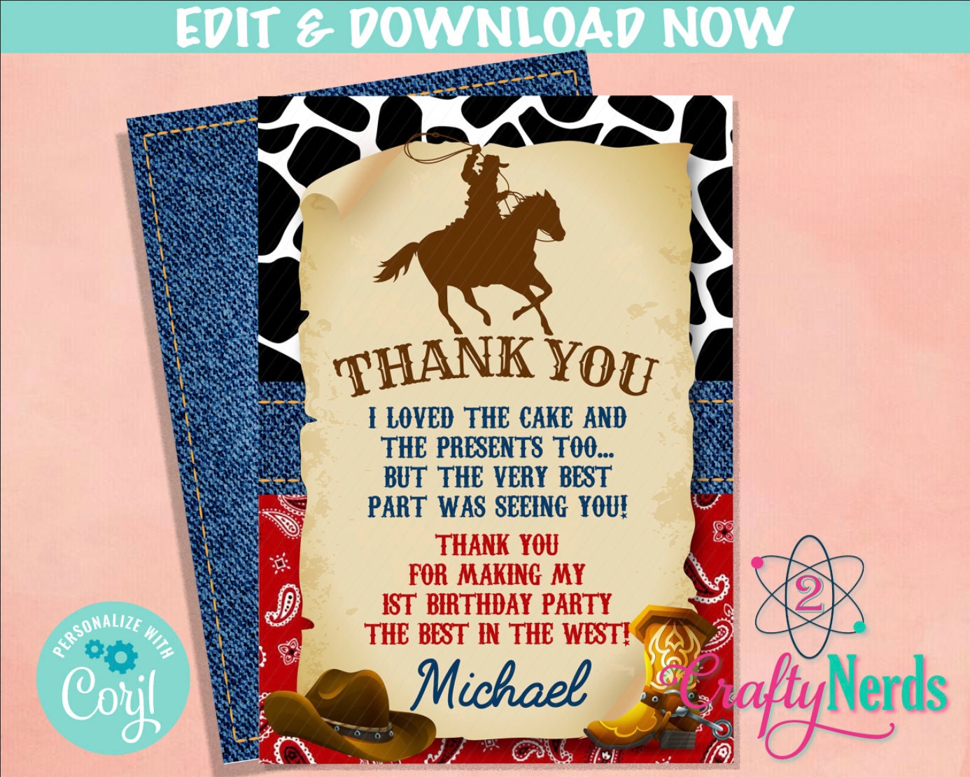 Rodeo Cowboy Birthday Thank You Card, Rodeo Birthday, Rodeo Party | Editable Instant Download | Edit Online NOW Corjl | INSTANT ACCESS T1