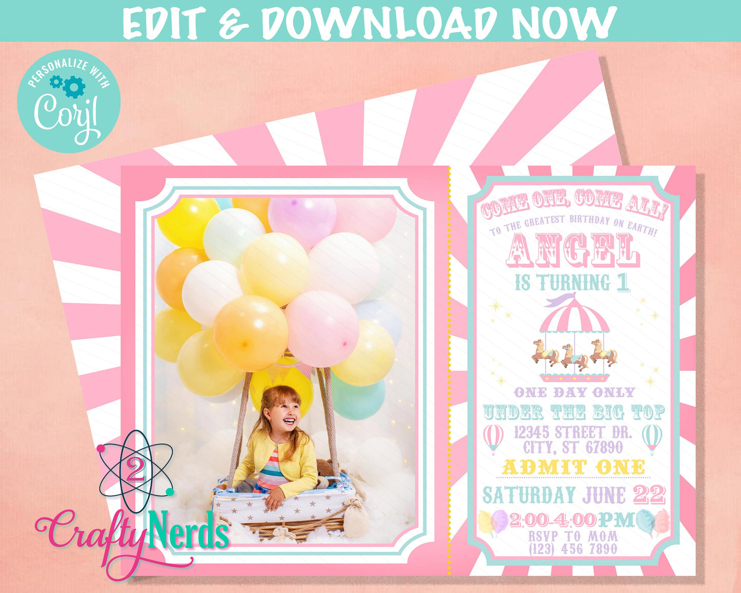 Carnival Ticket Birthday Invitation with photo, Circus invitation | Editable Instant Download | Edit Online NOW Corjl | INSTANT ACCESS