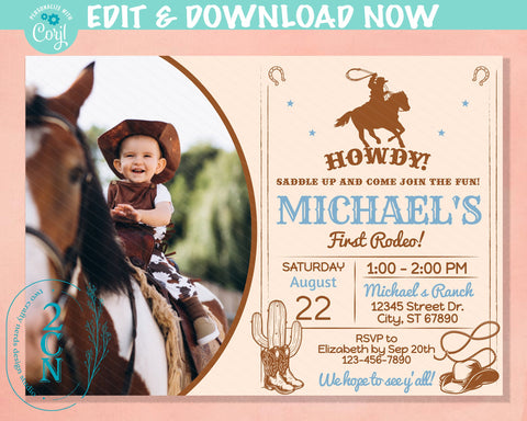 Cowboy Rodeo Birthday Invitation, Western Party, First Rodeo, Wild West | Editable Instant Download | Edit Online NOW Corjl | INSTANT ACCESS