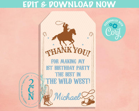 Cowboy Rodeo Birthday Thank You Tag, Wild West Birthday Tag Favor Label | Editable Instant Download | Edit Online NOW Corjl | INSTANT ACCESS