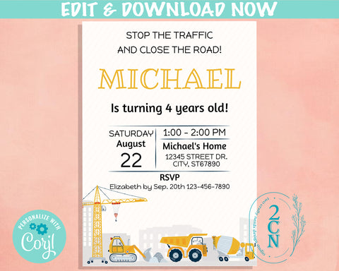 Construction Birthday Invitation, Construction Party, Dump Truck Invite | Editable Instant Download | Edit Online NOW Corjl | INSTANT ACCESS