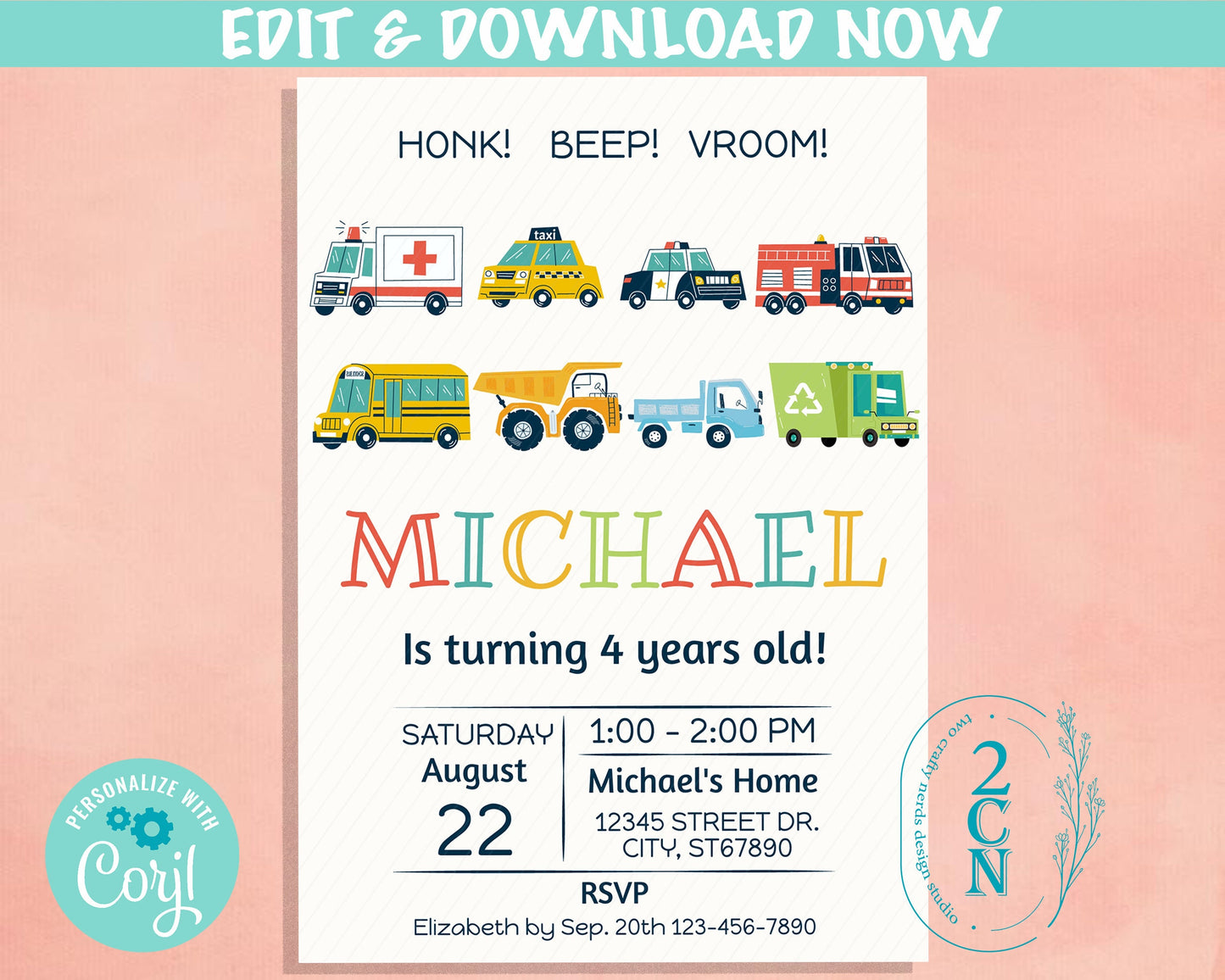 Transportation Cars and Trucks Birthday Invitation, Cars Trucks Invite | Editable Instant Download | Edit Online NOW Corjl | INSTANT ACCESS