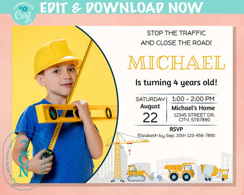 Construction Birthday Invitation With Photo, Dump Truck Invite, Picture | Editable Instant Download | Edit Online NOW Corjl | INSTANT ACCESS