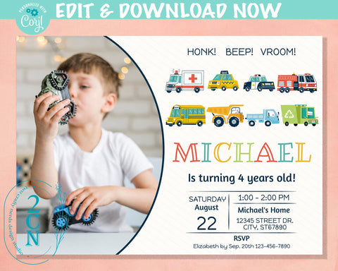 Transportation Cars and Trucks Birthday Invitation with Photo Invite | Editable Instant Download | Edit Online NOW Corjl | INSTANT ACCESS