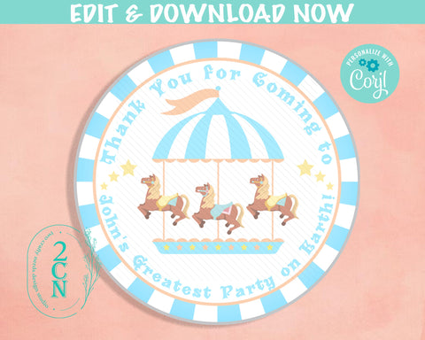 Circus Birthday Thank You Round Label Carnival Birthday Circus Label | Editable Instant Download | Edit Online NOW Corjl | INSTANT ACCESS T1