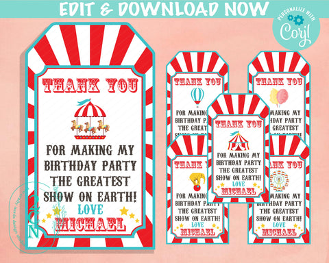 Circus Birthday Thank You Tag 6 Designs, Carnival Tag, Circus Label | Editable Instant Download | Edit Online NOW Corjl | INSTANT ACCESS T1