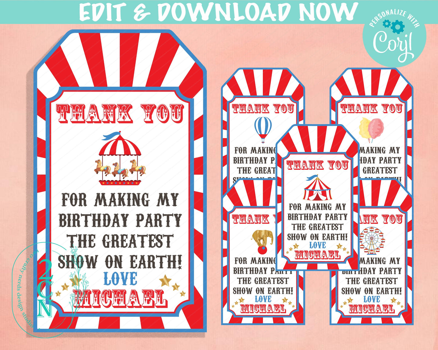 Circus Birthday Thank You Tag 6 Designs, Carnival Tag, Circus Label | Editable Instant Download | Edit Online NOW Corjl | INSTANT ACCESS T1