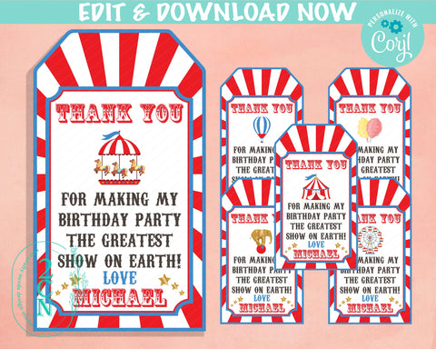 Circus Birthday Thank You Tag 6 Designs, Carnival Tag, Circus Label | Editable Instant Download | Edit Online NOW Corjl | INSTANT ACCESS T1