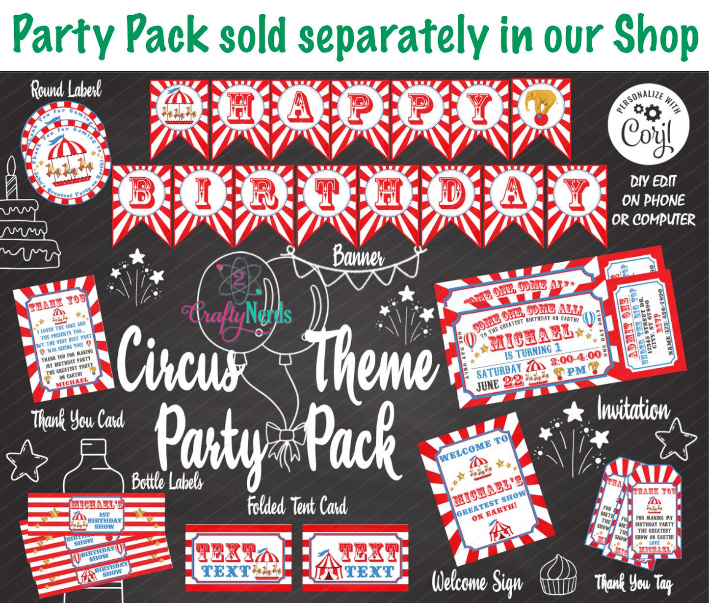 Circus Birthday Thank You Tag 6 Designs, Carnival Tag, Circus Label | Editable Instant Download | Edit Online NOW Corjl | INSTANT ACCESS T1