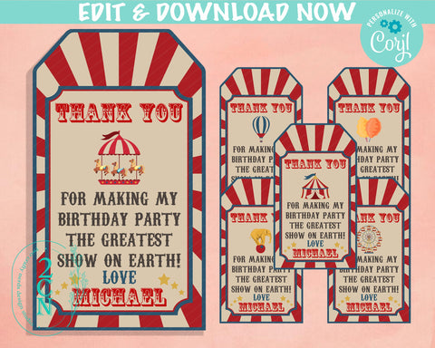 Circus Birthday Thank You Tag 6 Design Carnival Vintage Circus Label | Editable Instant Download | Edit Online NOW Corjl | INSTANT ACCESS T1