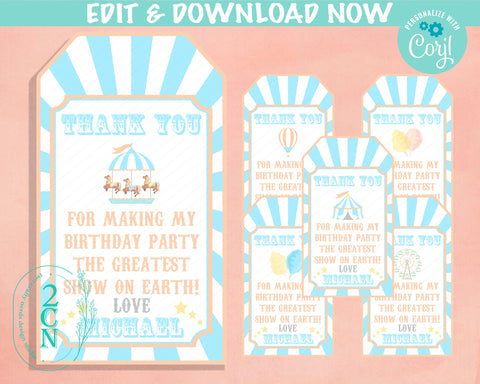 Circus Birthday Thank You Tag 6 Designs Carnival Pastel Circus Label | Editable Instant Download | Edit Online NOW Corjl | INSTANT ACCESS T1