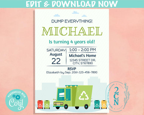 Recycling Truck Birthday Invitation, Garbage, Trash, Cars Trucks Invite | Editable Instant Download | Edit Online NOW Corjl | INSTANT ACCESS