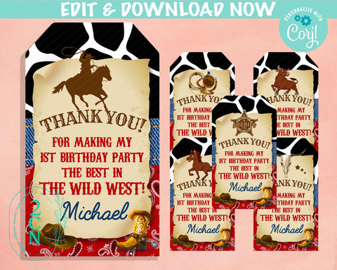Cowboy Rodeo Birthday Thank You Tag 6 Designs, Rodeo, Tag Cowboy Label | Editable Instant Download | Edit Online NOW Corjl | INSTANT ACCESS