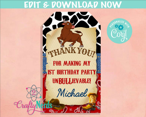 Cowboy Bull Rodeo Birthday Thank You Tag Birthday Tag Rodeo Favor Label | Editable Instant Download | Edit Online NOW Corjl | INSTANT ACCESS