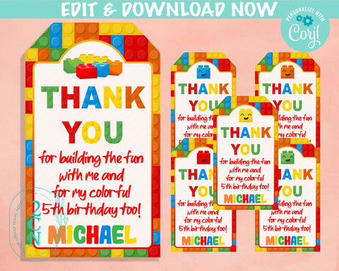 Building Blocks Birthday Thank You Tag, Blocks Birthday Tag, Label | Editable Instant Download | Edit Online NOW Corjl | INSTANT ACCESS