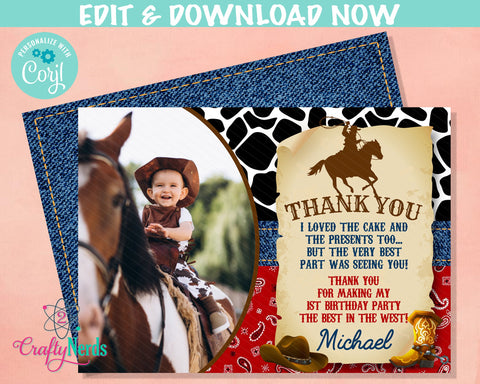 Rodeo Cowboy Birthday Thank You Card With Photo, Rodeo Wild West Party  | Editable Instant Download | Edit Online NOW Corjl | INSTANT ACCESS