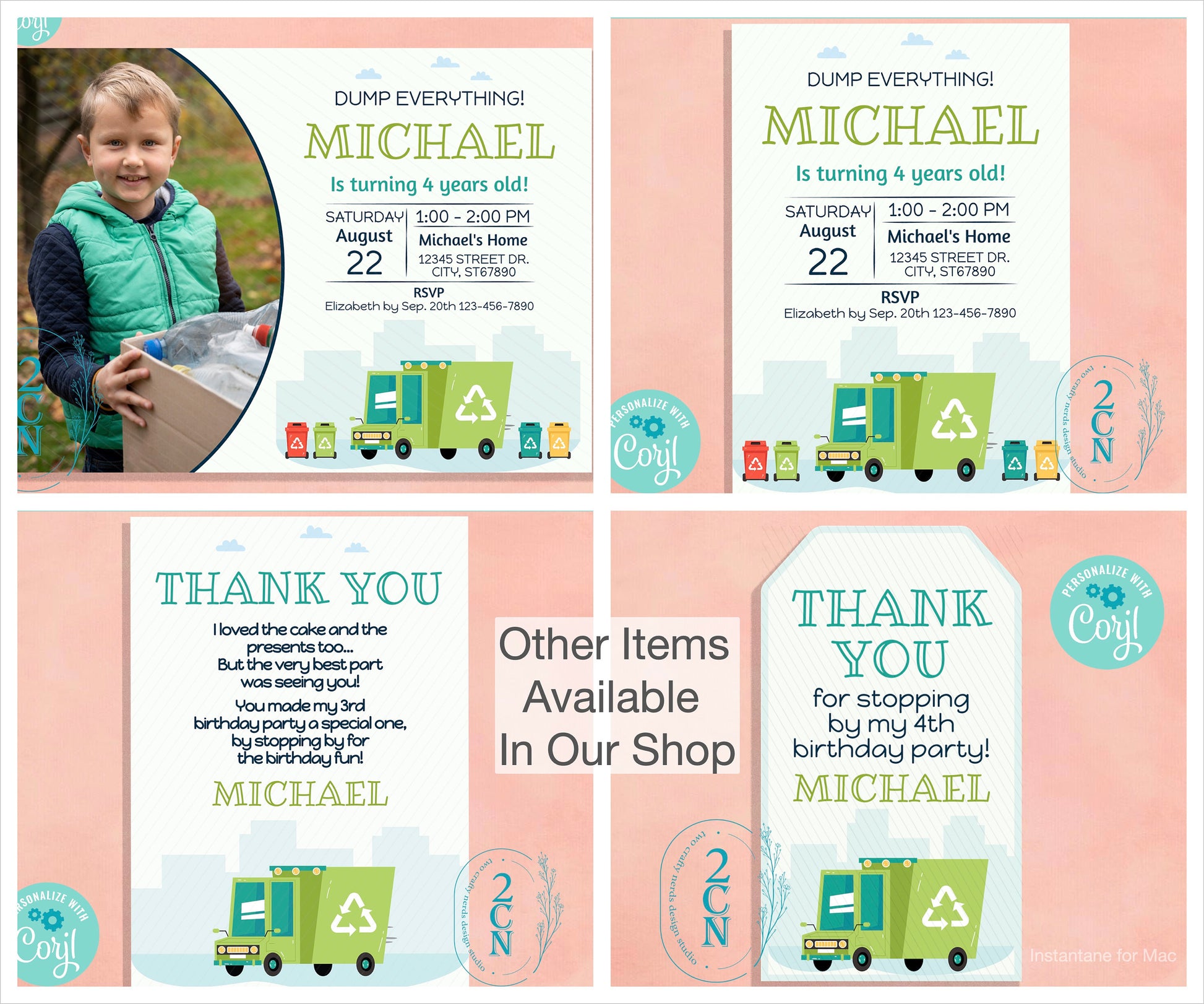 Recycling Truck Birthday Invitation W Photo, Garbage Trash, Cars Invite | Editable Instant Download | Edit Online NOW Corjl | INSTANT ACCESS