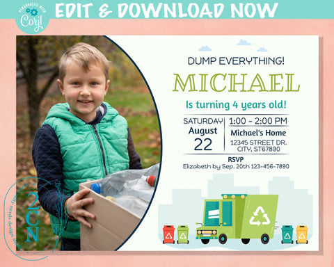 Recycling Truck Birthday Invitation W Photo, Garbage Trash, Cars Invite | Editable Instant Download | Edit Online NOW Corjl | INSTANT ACCESS
