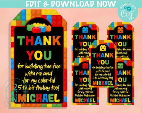 Building Blocks Birthday Thank You Tag, Blocks Birthday Tag, Label | Editable Instant Download | Edit Online NOW Corjl | INSTANT ACCESS