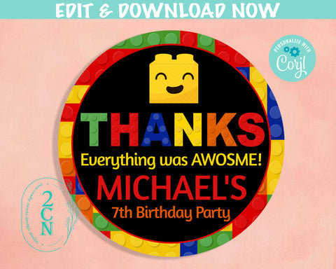 Building Blocks Birthday Thank You Round Label Party Birthday Label Tag | Editable Instant Download | Edit Online NOW Corjl | INSTANT ACCESS