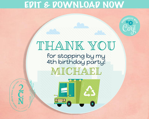 Recycling Truck Birthday Thank You Round Label Garbage Trash Cars Favor | Editable Instant Download | Edit Online NOW Corjl | INSTANT ACCESS