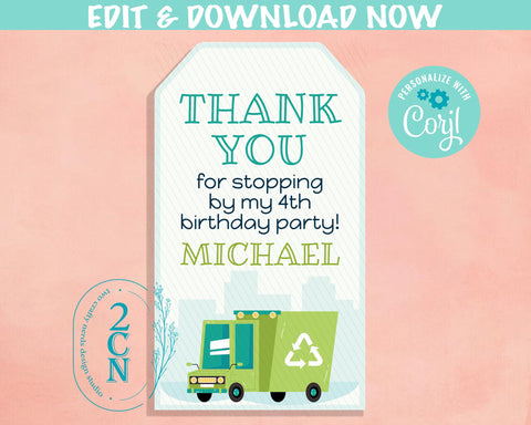 Recycling Truck Birthday Thank You Round Tag, Garbage Trash Cars Favor | Editable Instant Download | Edit Online NOW Corjl | INSTANT ACCESS