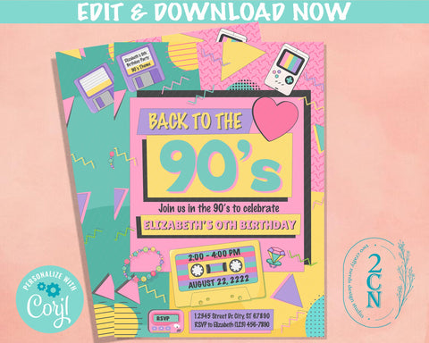 90's theme Birthday Invitation, Retro 90s Party Nineties Birthday Party | Editable Instant Download | Edit Online NOW Corjl | INSTANT ACCESS