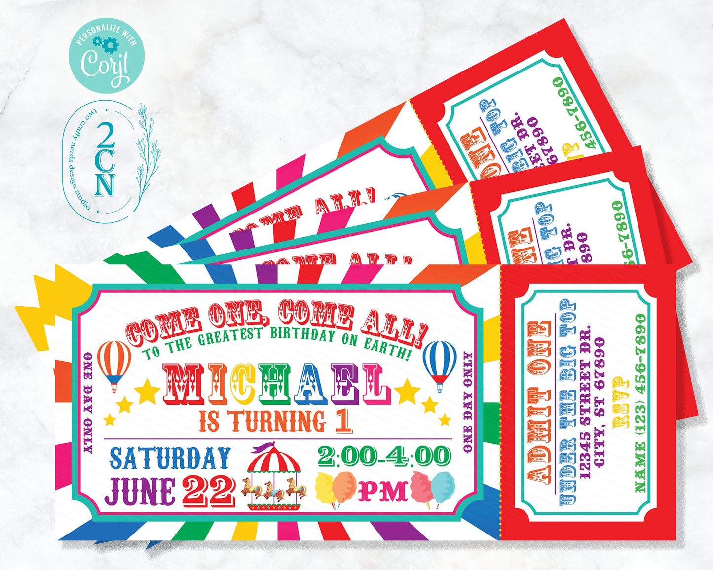 Carnival Ticket Birthday Invitation Rainbow, Circus invitation Rainbow | Editable Instant Download Edit Online NOW Corjl | INSTANT ACCESS