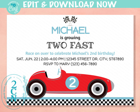 Two Fast Vintage Race Car Birthday Invitation, Retro Racing Car Invite | Editable Instant Download | Edit Online NOW Corjl | INSTANT ACCESS