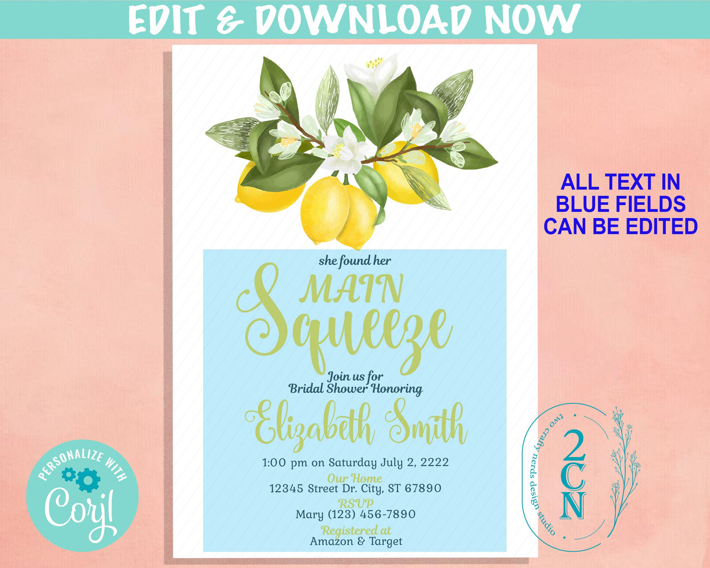 Main Squeeze Lemons Bridal Shower Invitation Lemons Party Leaves Bridal | Editable Instant Download | Edit Online NOW Corjl | INSTANT ACCESS