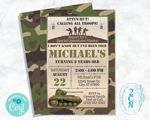 Army Party Birthday Invitation, Military Party, Army Theme, Soldier | Editable Instant Download | Edit Online NOW Corjl | INSTANT ACCESS