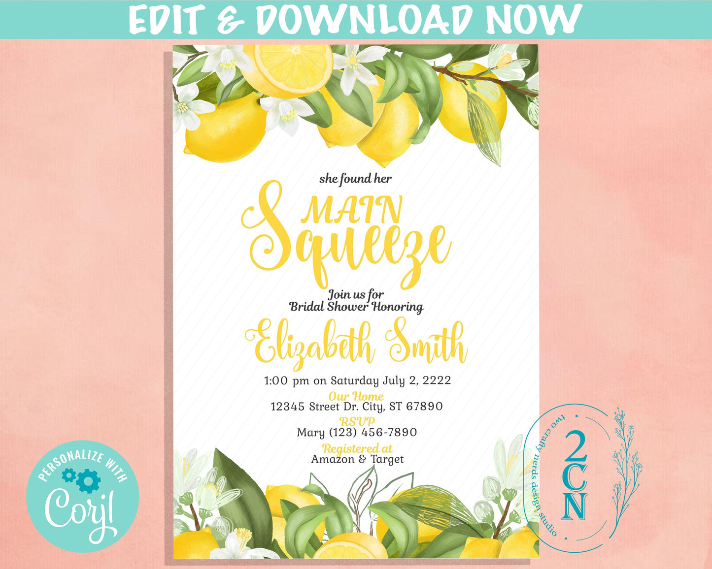 Main Squeeze Lemons Bridal Shower Invitation Lemons Party Leaves Bridal | Editable Instant Download | Edit Online NOW Corjl | INSTANT ACCESS