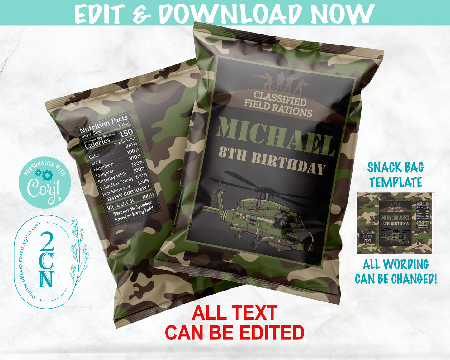 Army Birthday Chips Bag, Army Camo Party Popcorn Bag, 1oz Snack Bag | Editable Instant Download | Edit Online NOW Corjl | INSTANT ACCESS