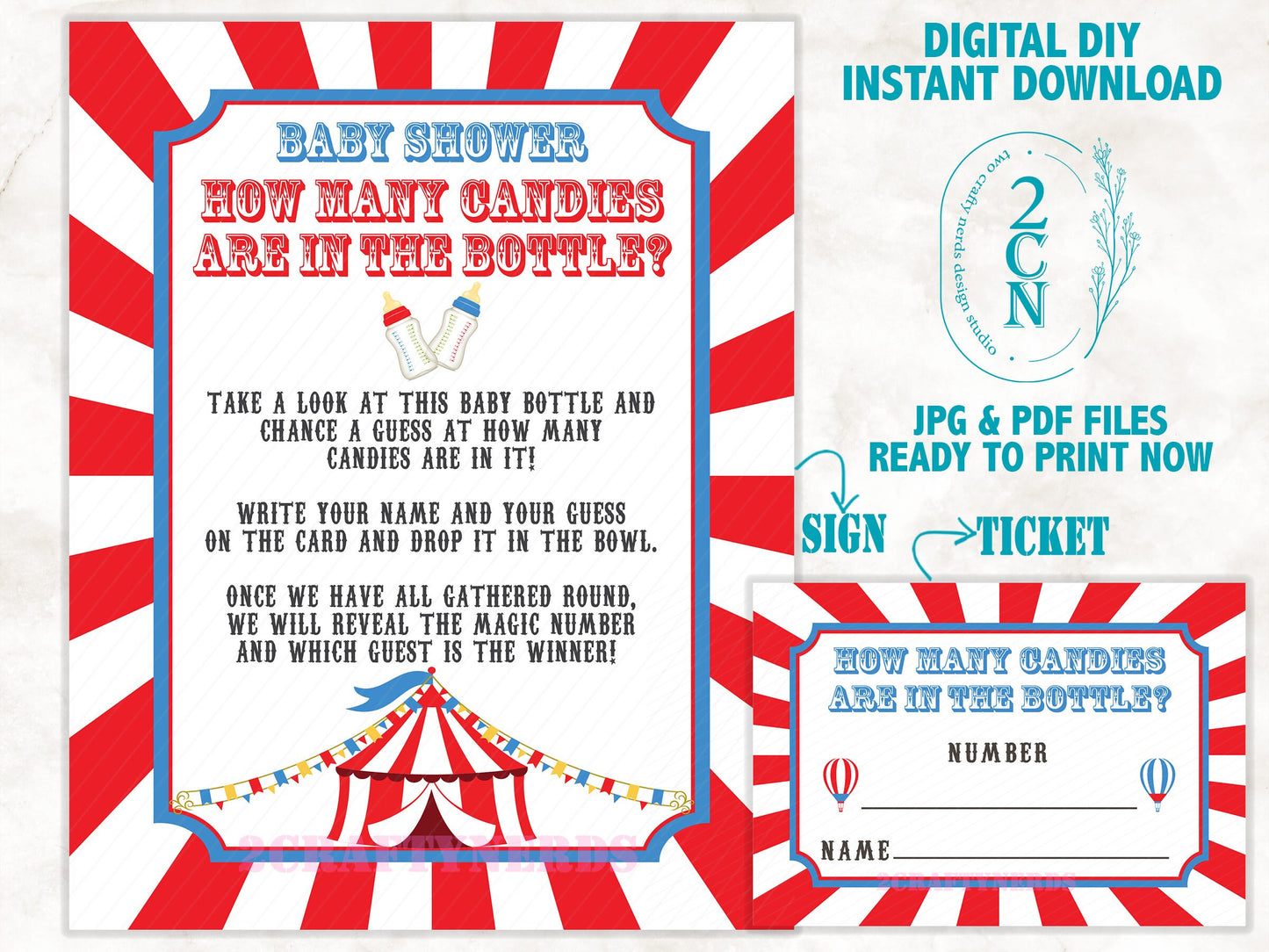 Circus Carnival How Many Candy In The Bottle Game, JPG & PDF Instant Download, Red and Blue, Circus Baby Shower, Carnival Baby Shower Games.
