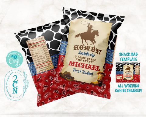 Cowboy Rodeo Birthday Chips Bag, Birthday Popcorn Bag, 1oz Snack Bag | Editable Instant Download | Edit Online NOW Corjl | INSTANT ACCESS